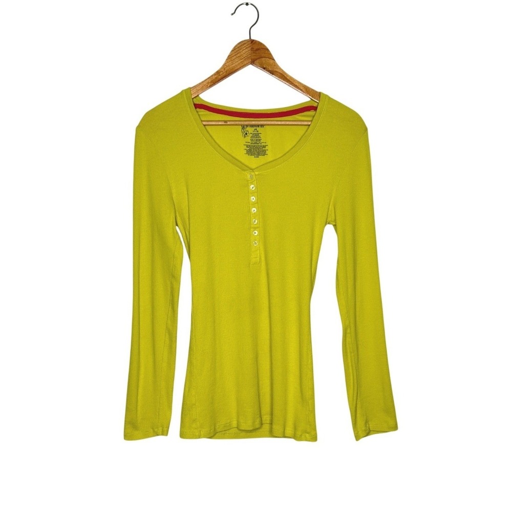 Y2K No Boundaries Chartreuse Green Ribbed Henley Top S Bella Swan NOBO Cotton